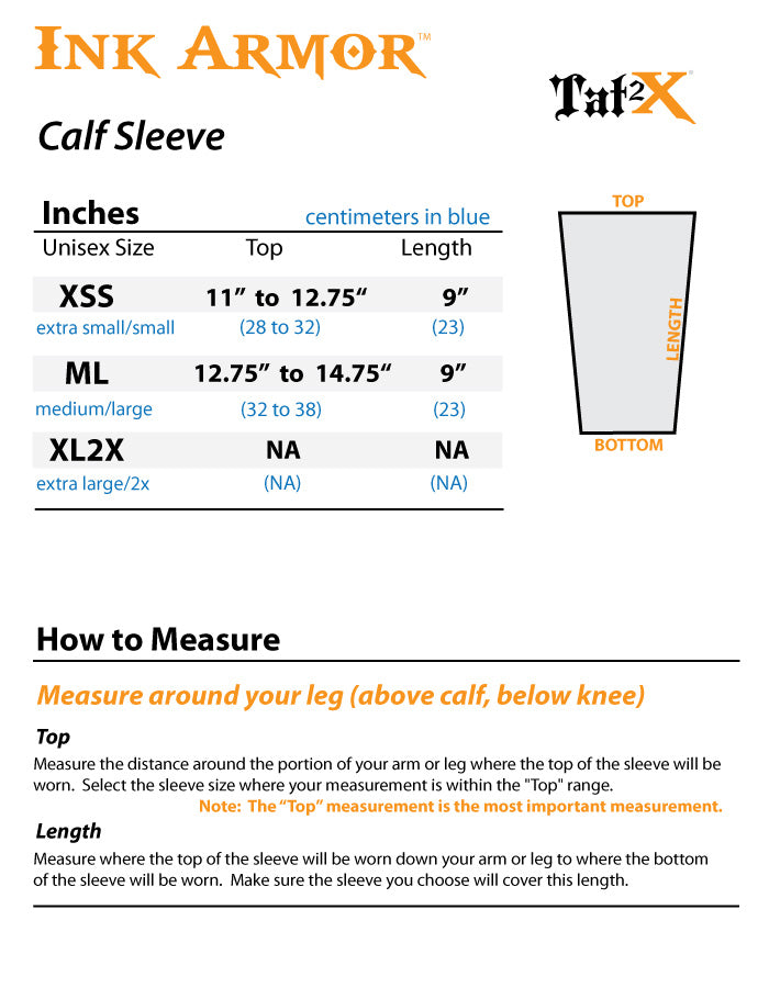 Suntan Skin Tone Calf Leg Tattoo Cover Up for Work Size Chart