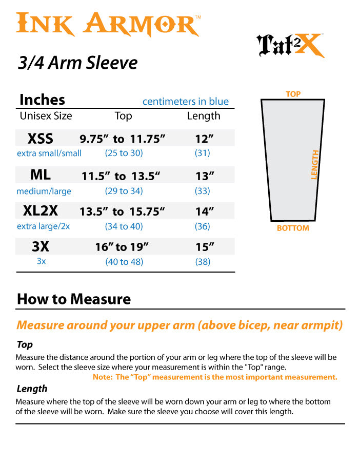 White 3/4 Sleeve Ink Armor Tattoo Arm Covers Size Chart