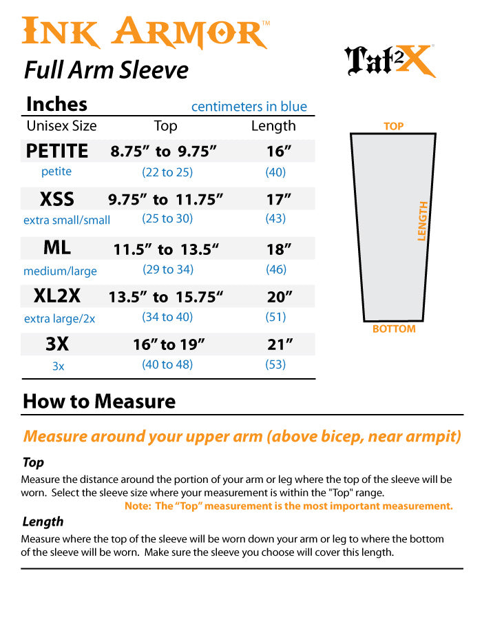 Arm Sleeves for Covering Up Tattoos Size Chart