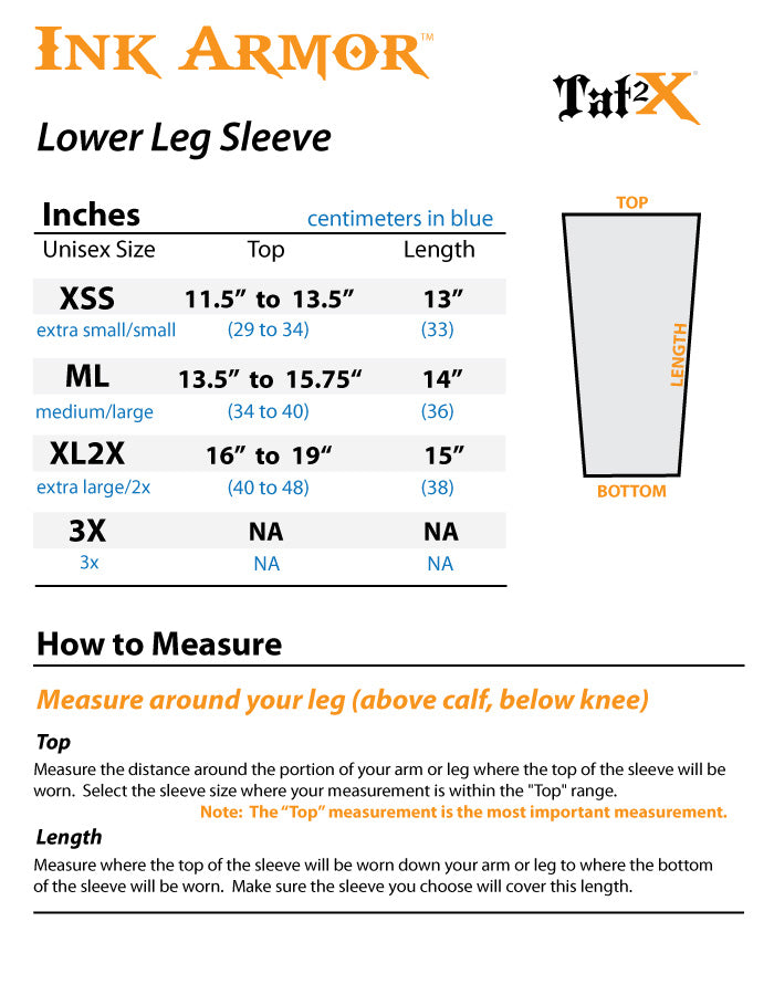 Brown Lower Leg Sleeves to Cover Tattoos Size Chart